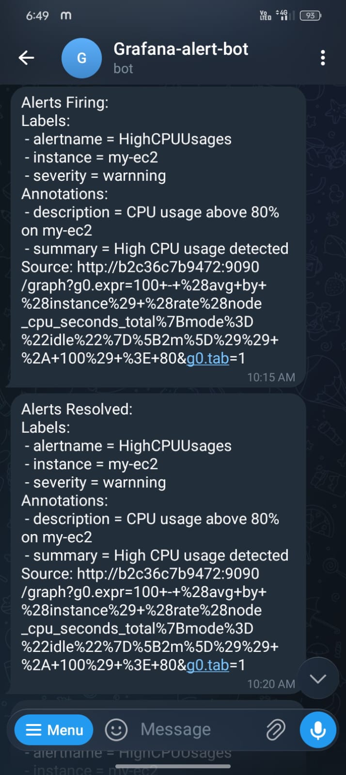 Telegram alert showing memory and disk warnings