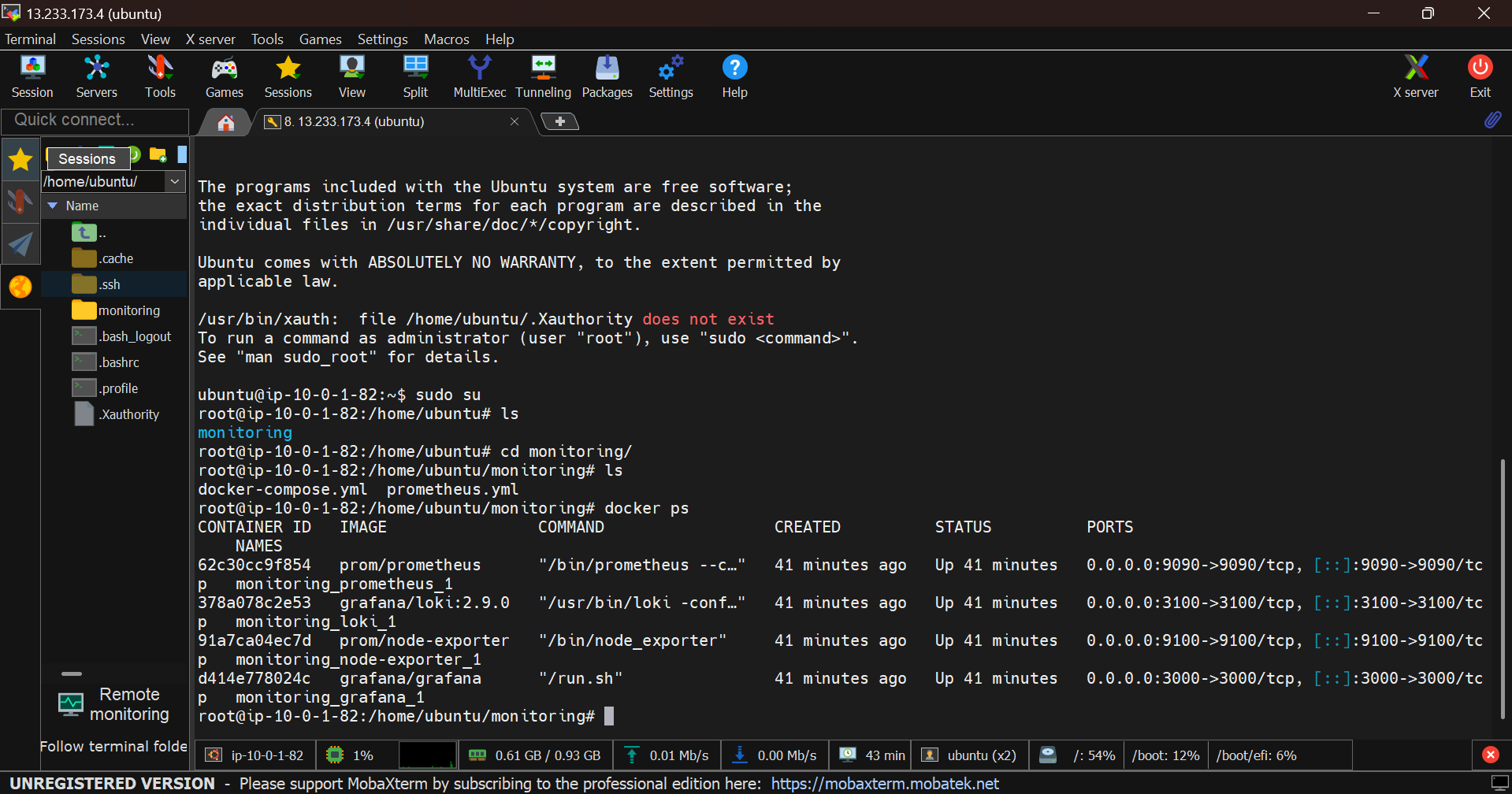 docker ps output showing all four containers running