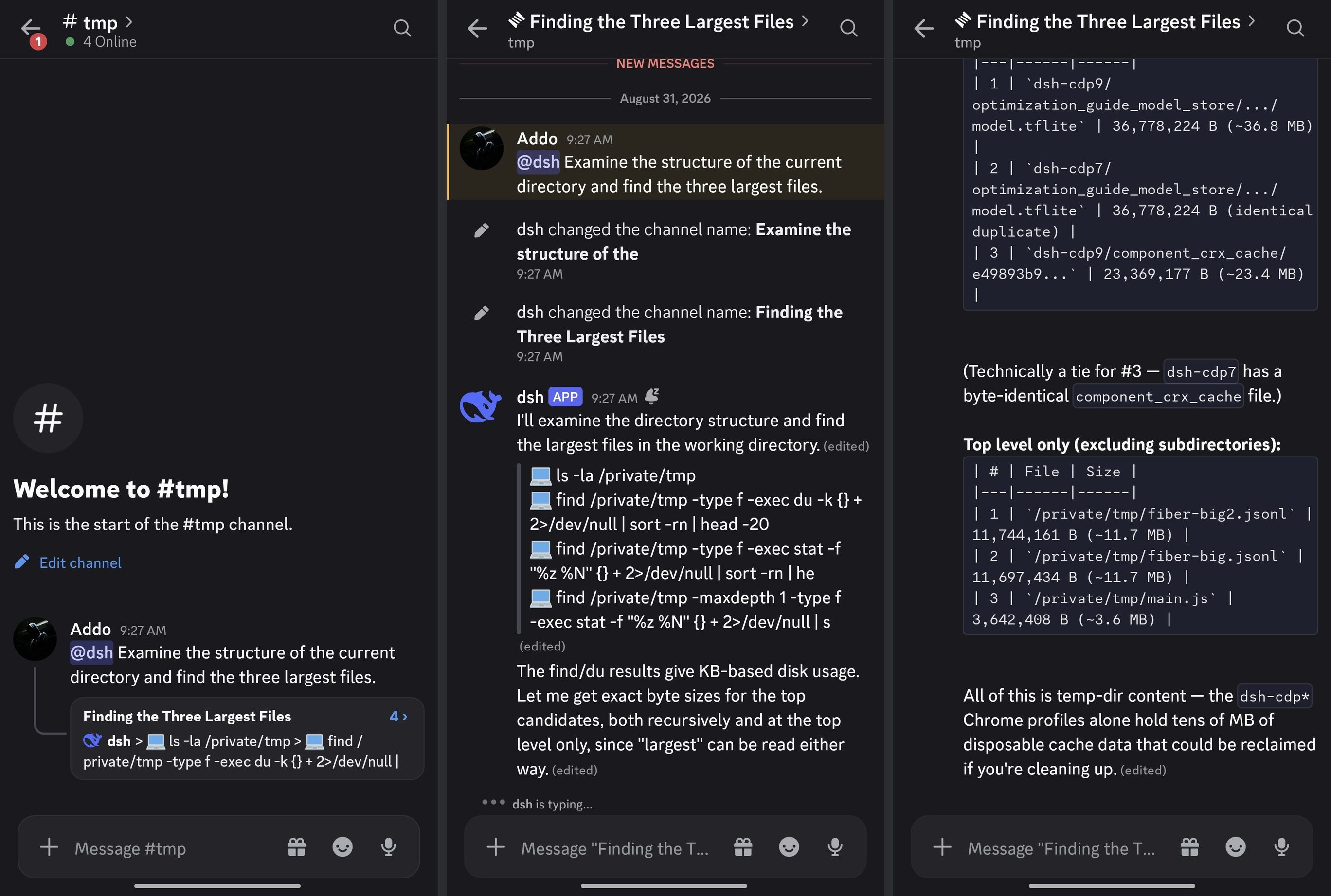 One task lifecycle: the @mention anchors a thread, tool activity rows stream while the answer edits in place, and the final answer lands as Markdown tables