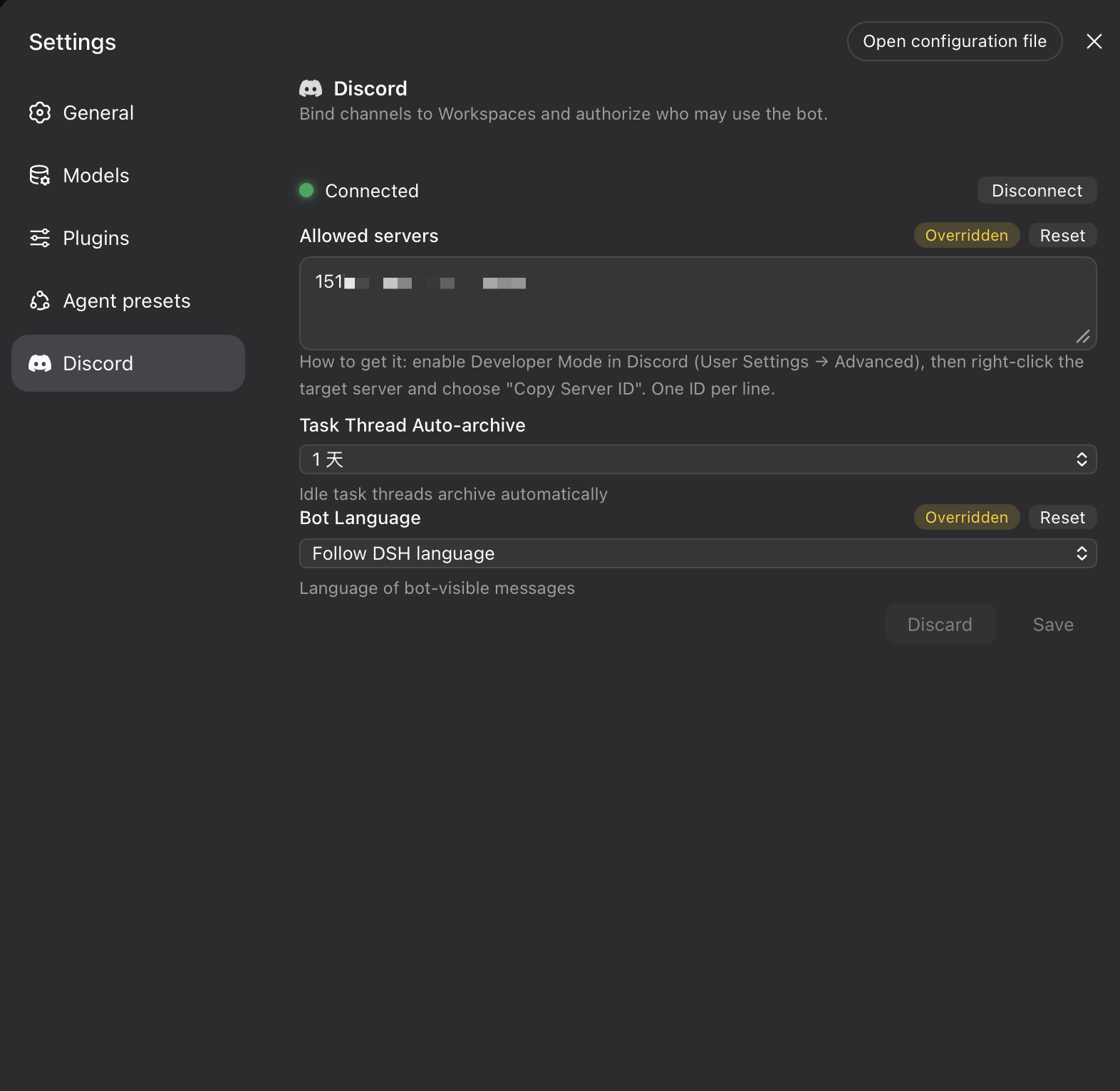 The Discord settings card: connection, guild allowlist, auto-archive, bot language