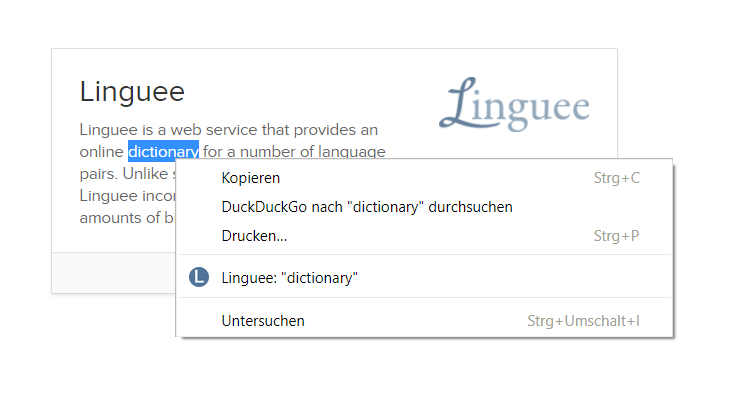 Select Word, Right click, Search with Linguee
