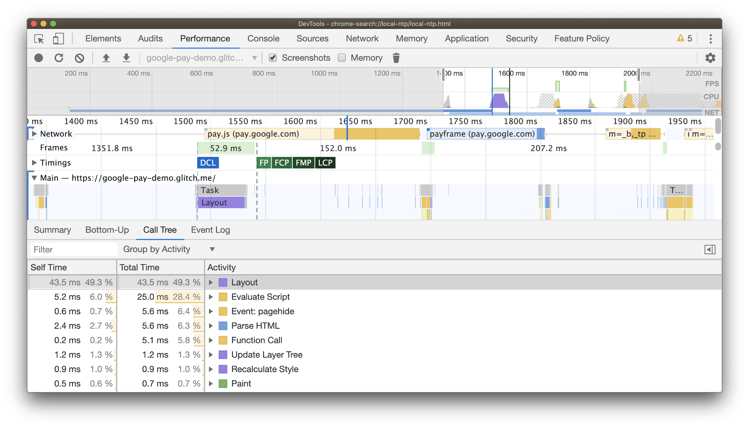 Screenshot of a DevTools performance profile from loading and rendering a page