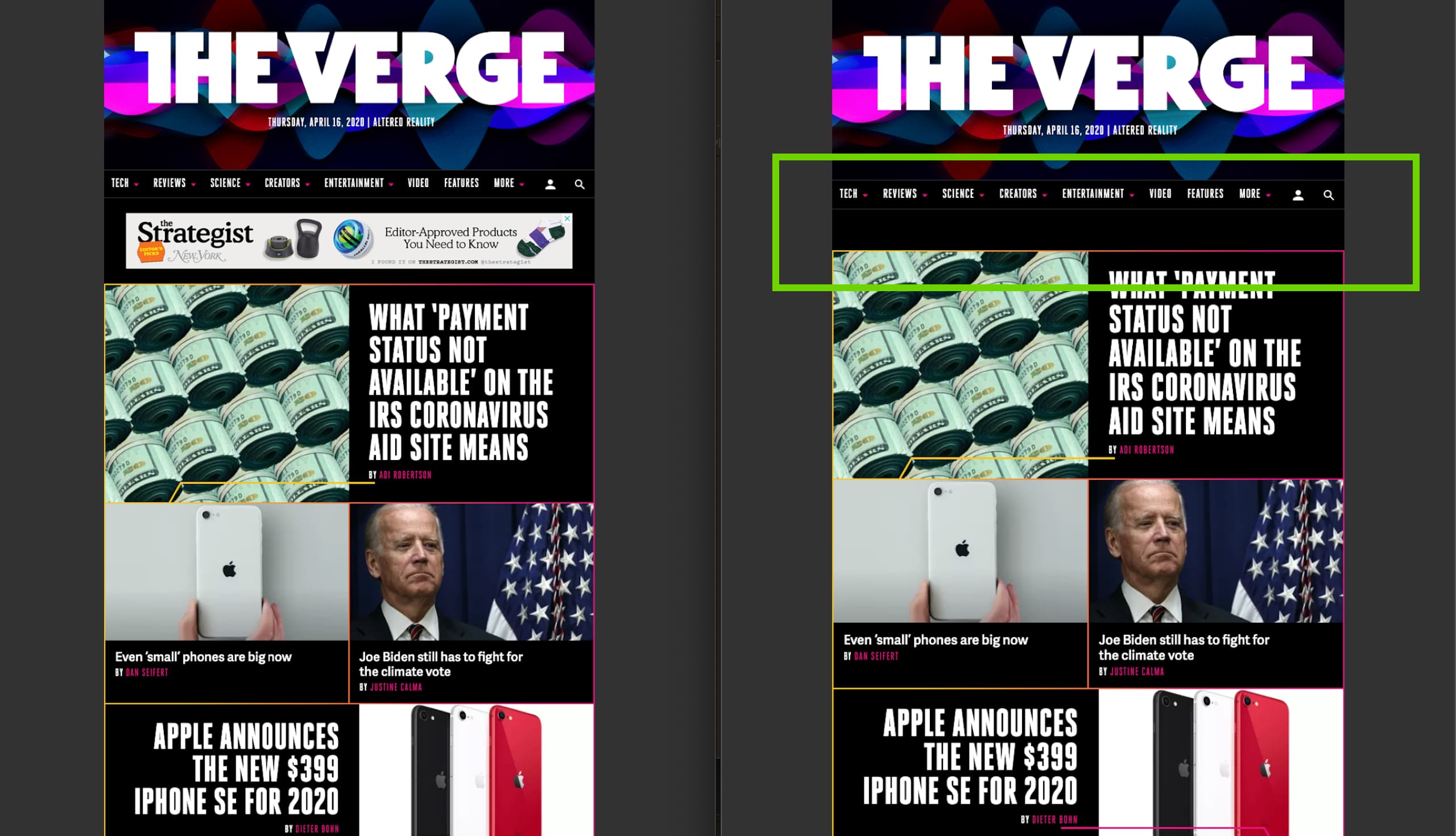 The Verge before/after domain blocking