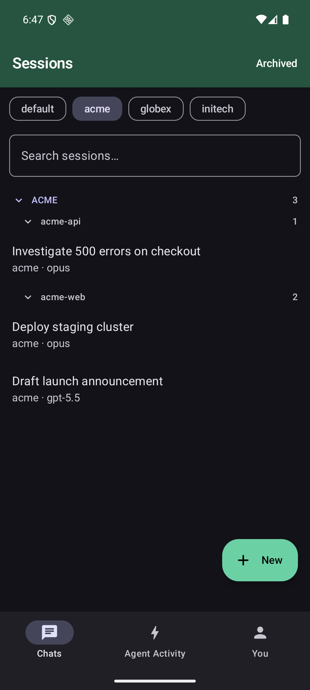 Chats — per-profile accent, tenant chips, grouped sessions, bottom navigation