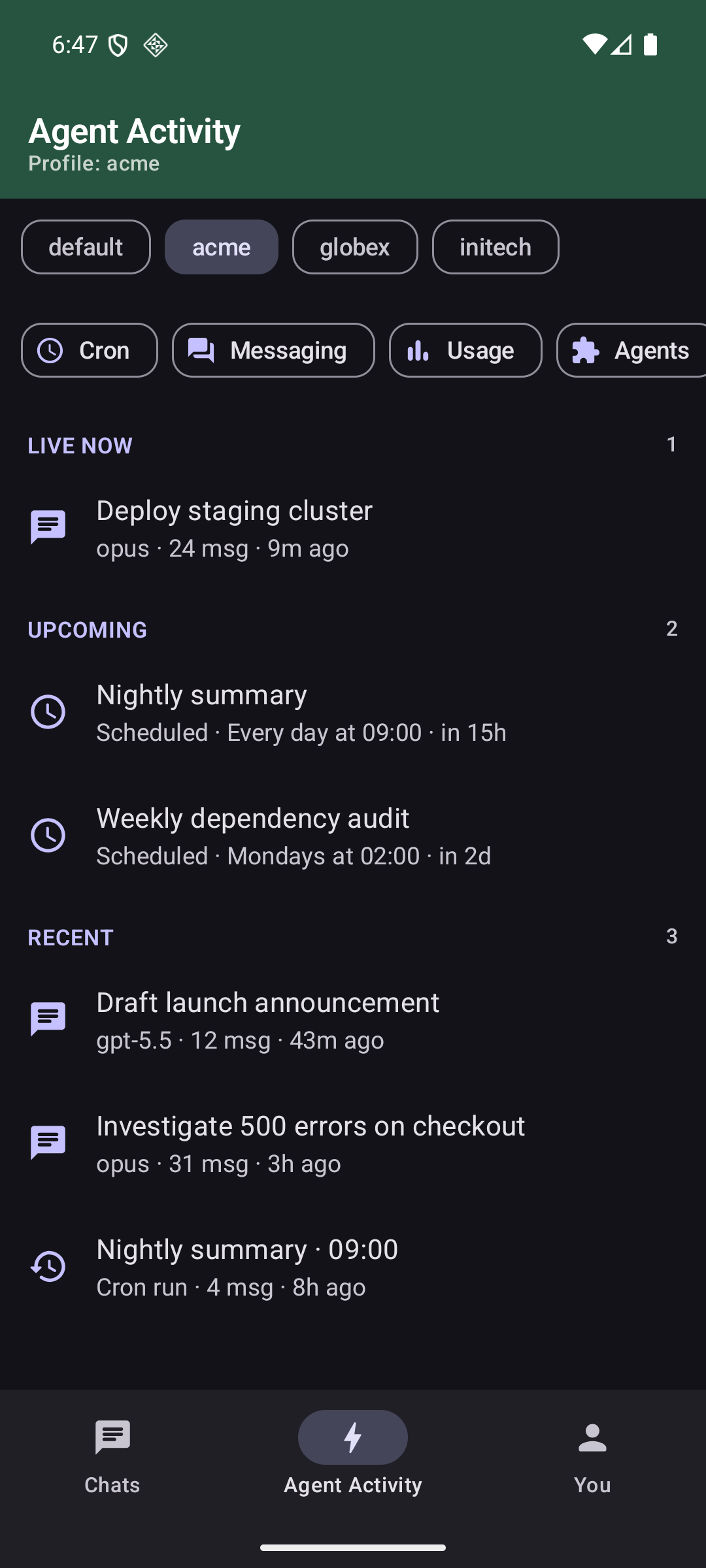 Agent Activity — live Mission Control feed merging conversations and cron