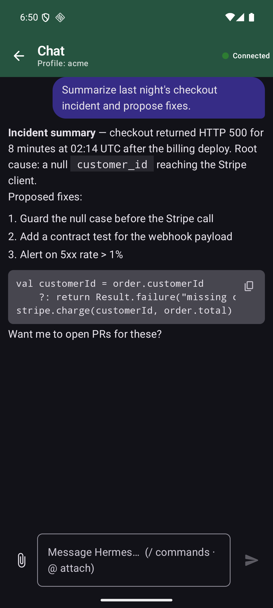 Chat — hybrid bubbles, markdown, and copyable code blocks