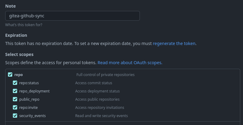 Screenshot of token configuration