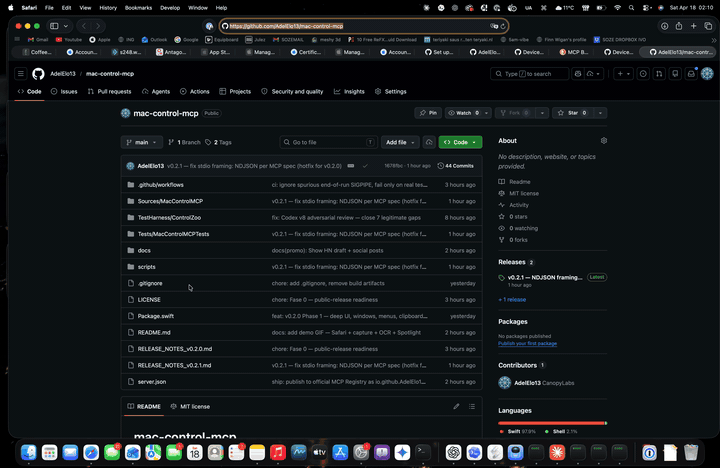 mac-control-mcp driving Safari: open tab, type query, capture window, OCR, Spotlight search — all via MCP stdio