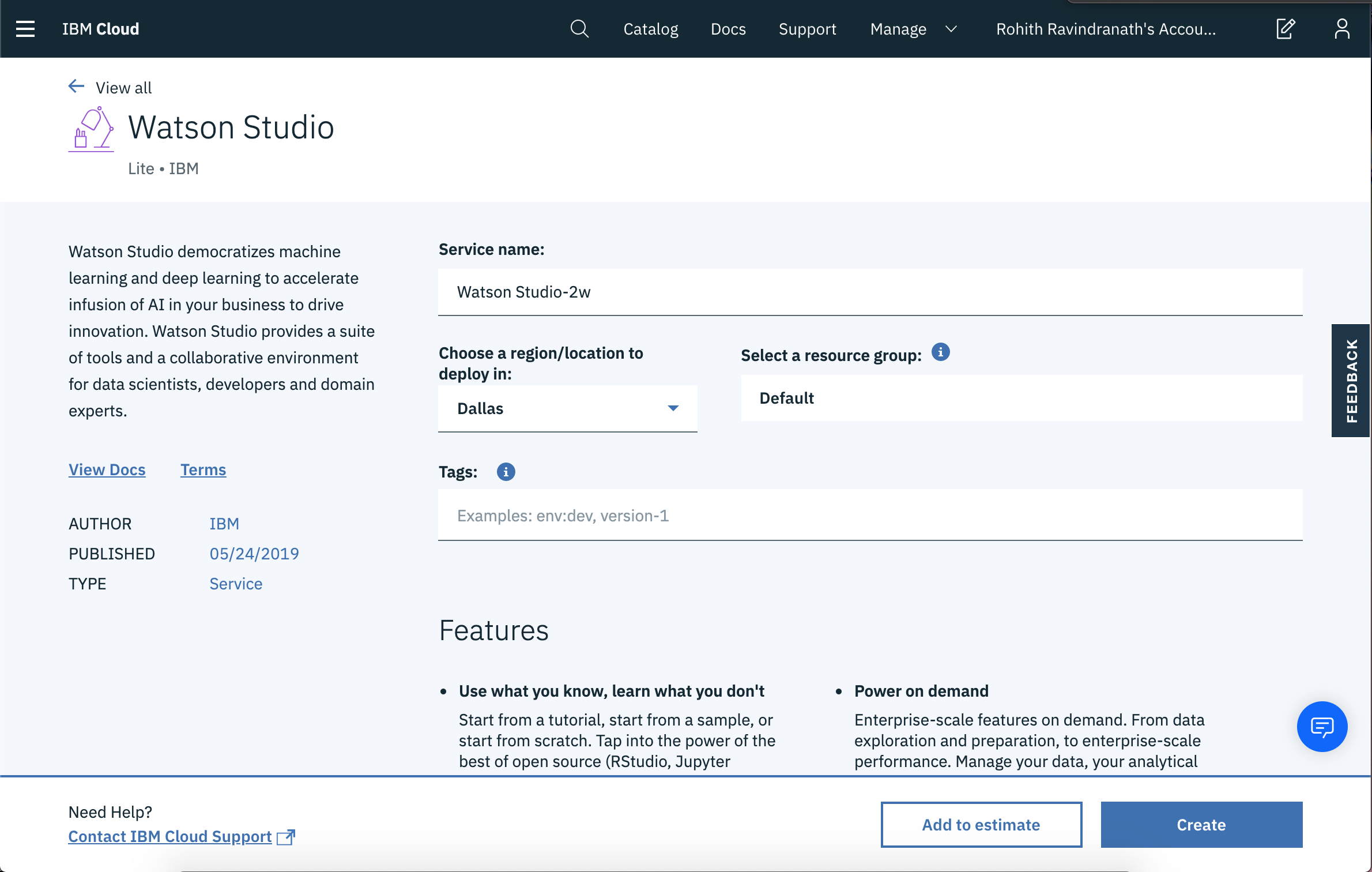 Creating Watson Studio Service