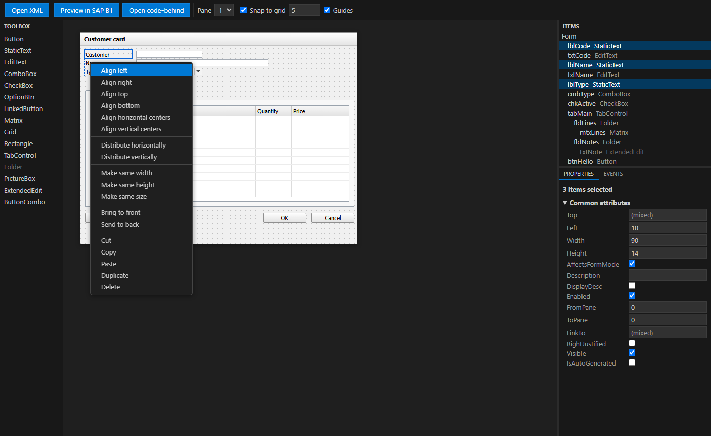 Context menu with alignment and distribution