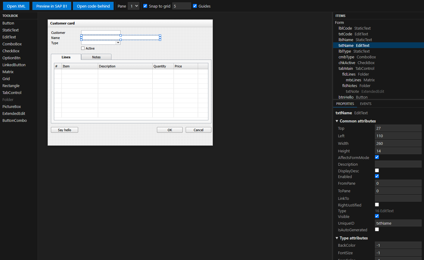 The form designer: toolbox, form, items and properties