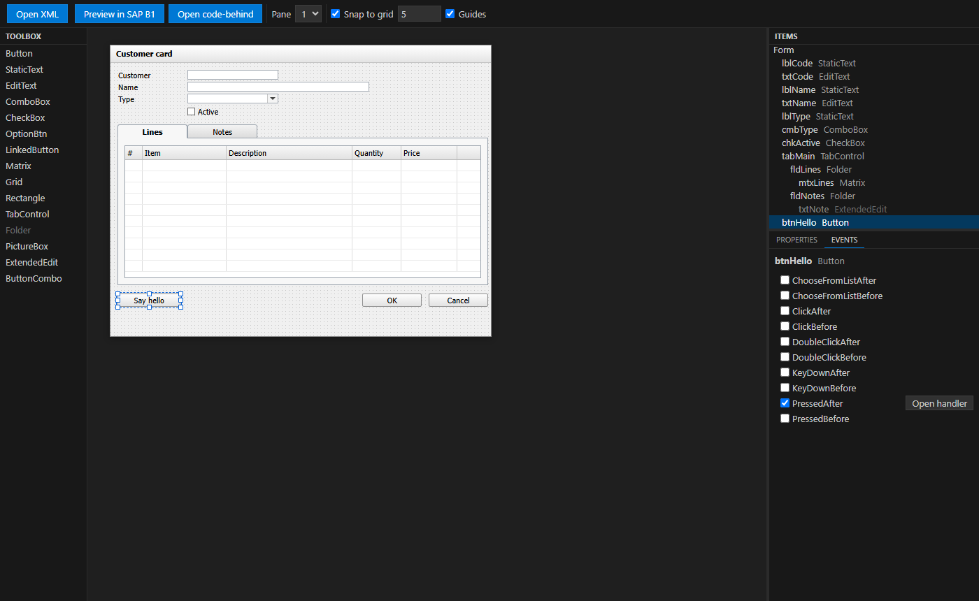 Events tab of a button