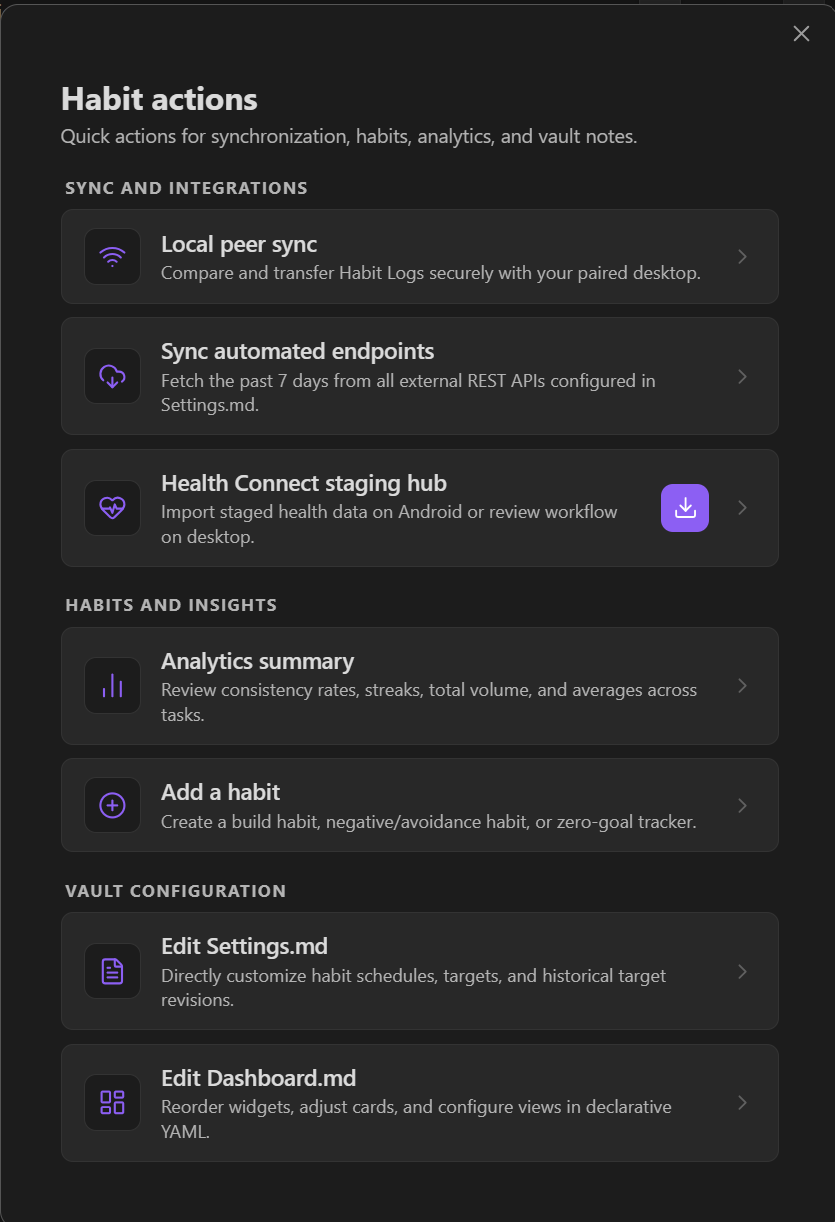 Habit actions palette