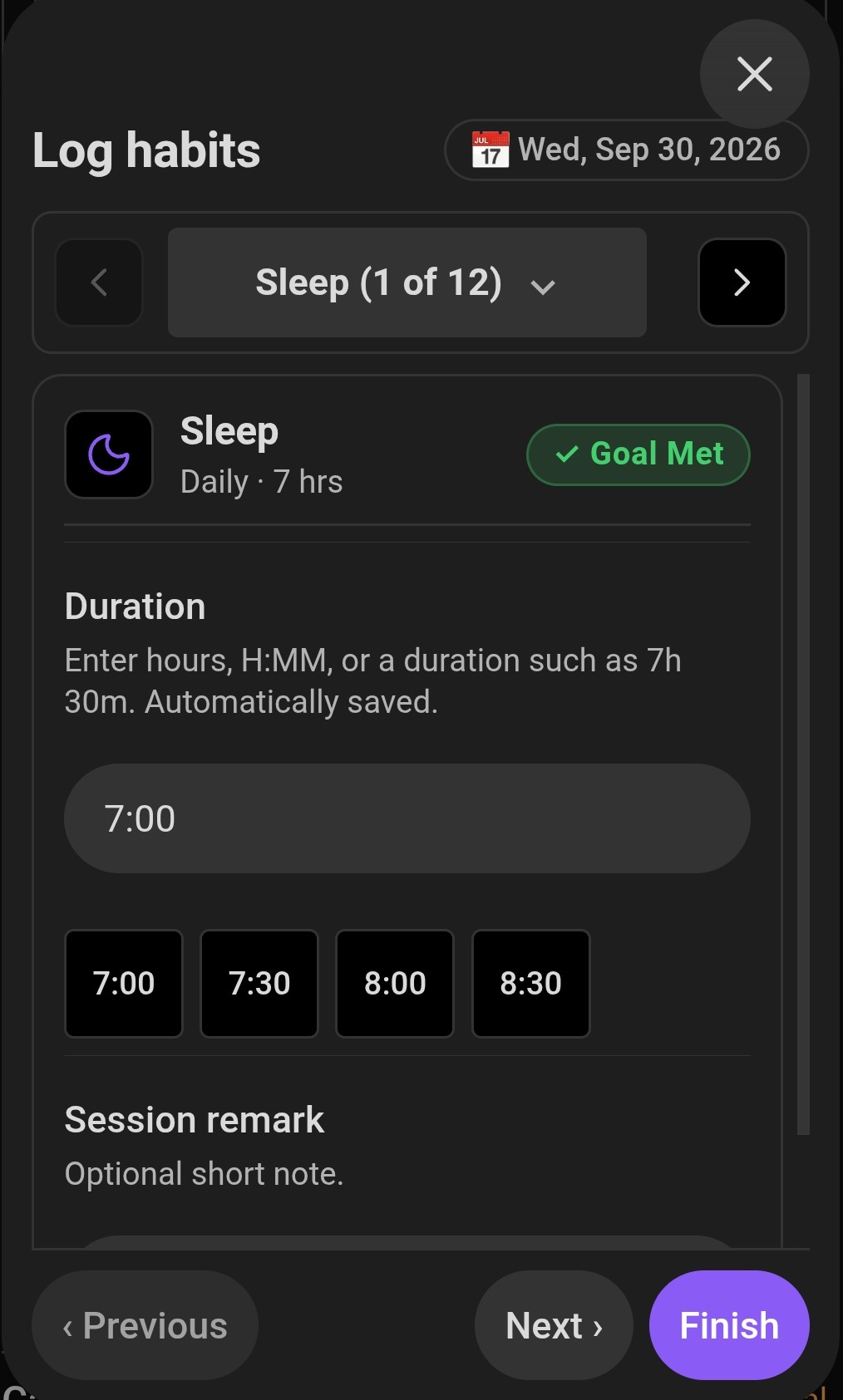 Logging a habit on mobile