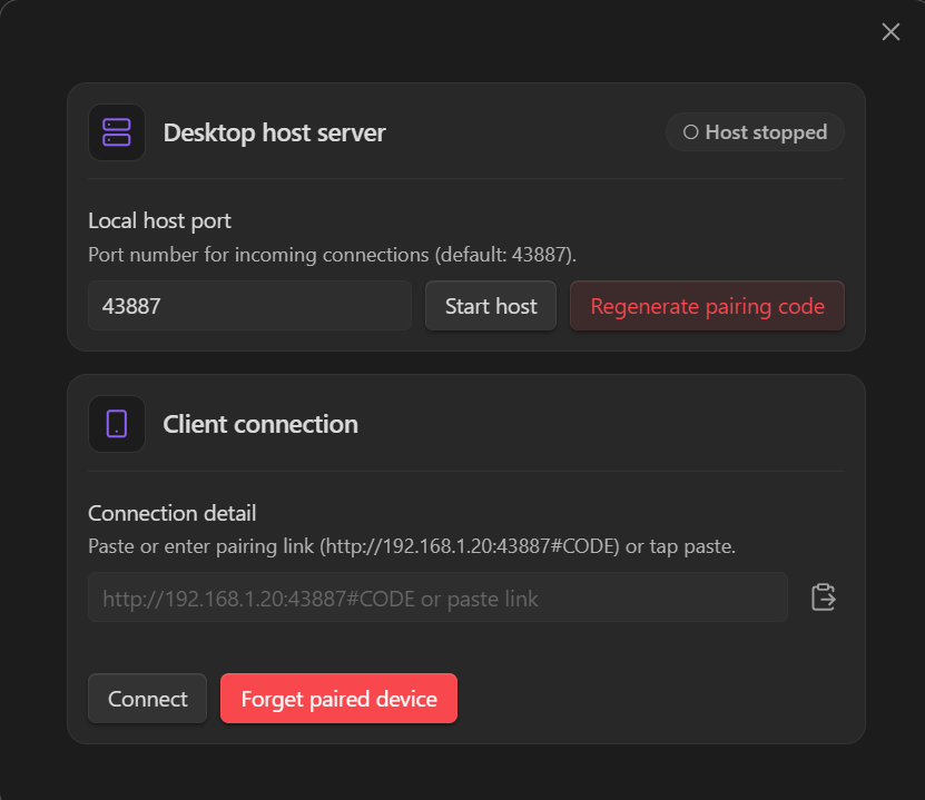 Desktop peer sync host modal