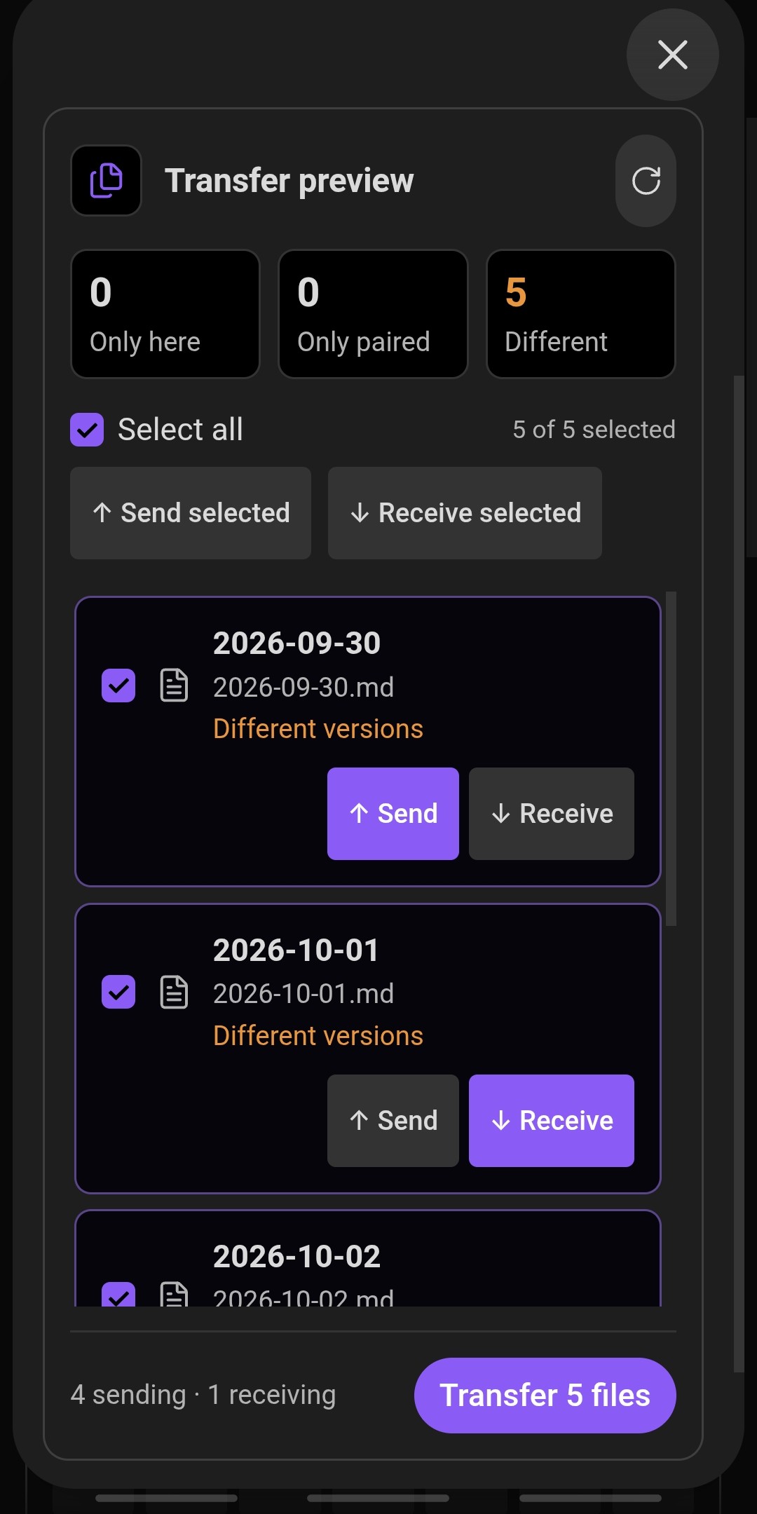Transfer preview showing differences