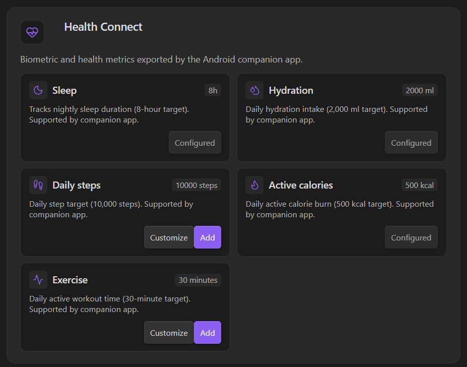 Health Connect presets