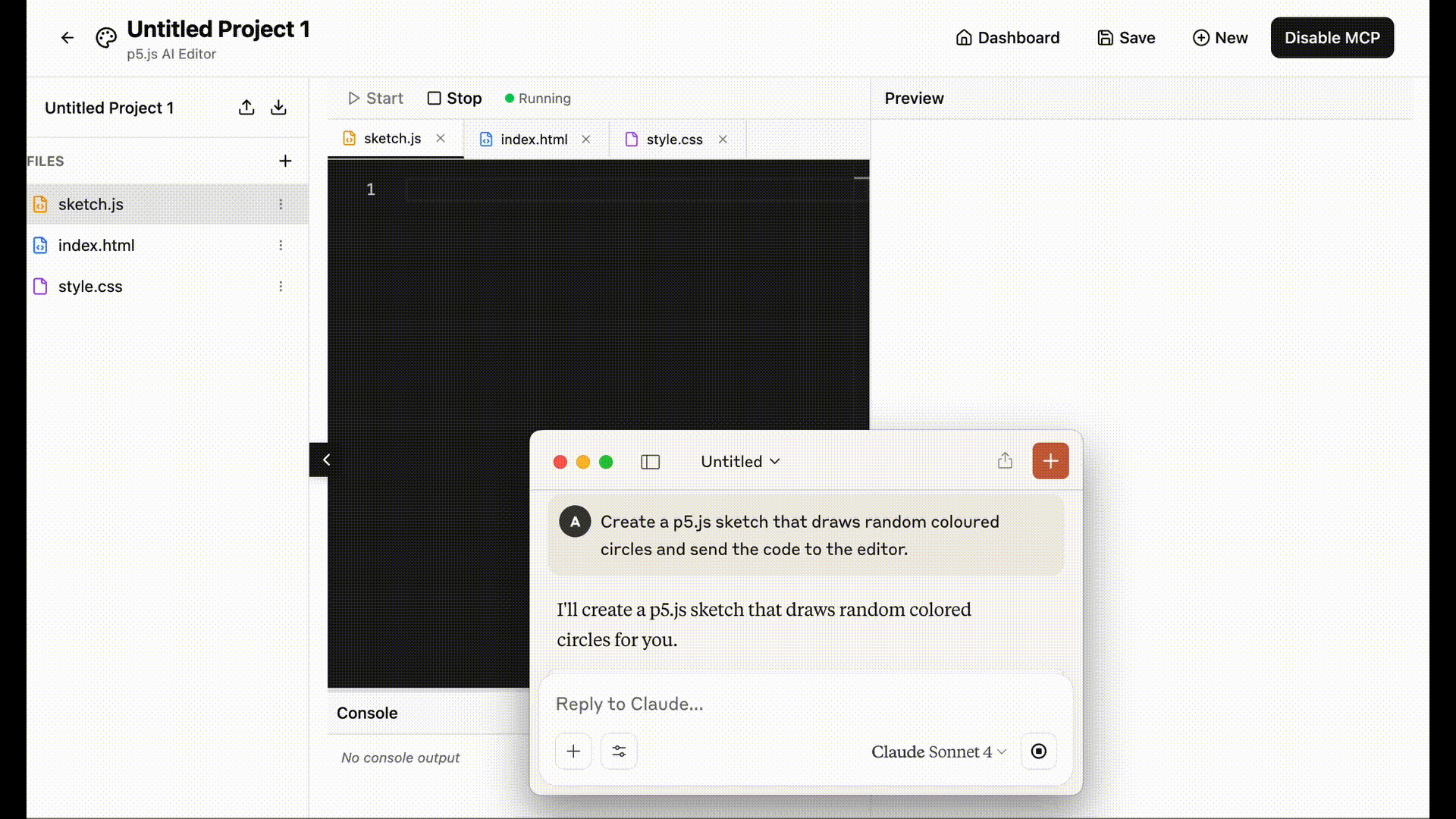 Demo: Claude Desktop controlling the p5.js editor through natural language prompts via MCP server
