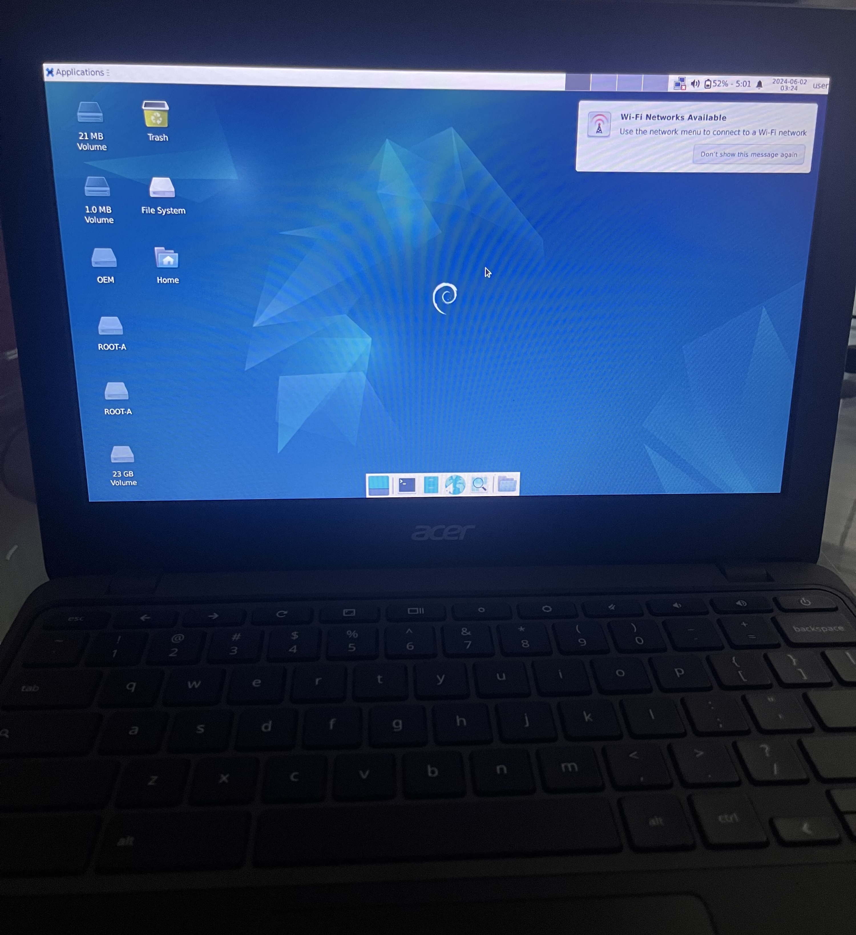 Shimboot running on an Acer Chromebook 311 C722.