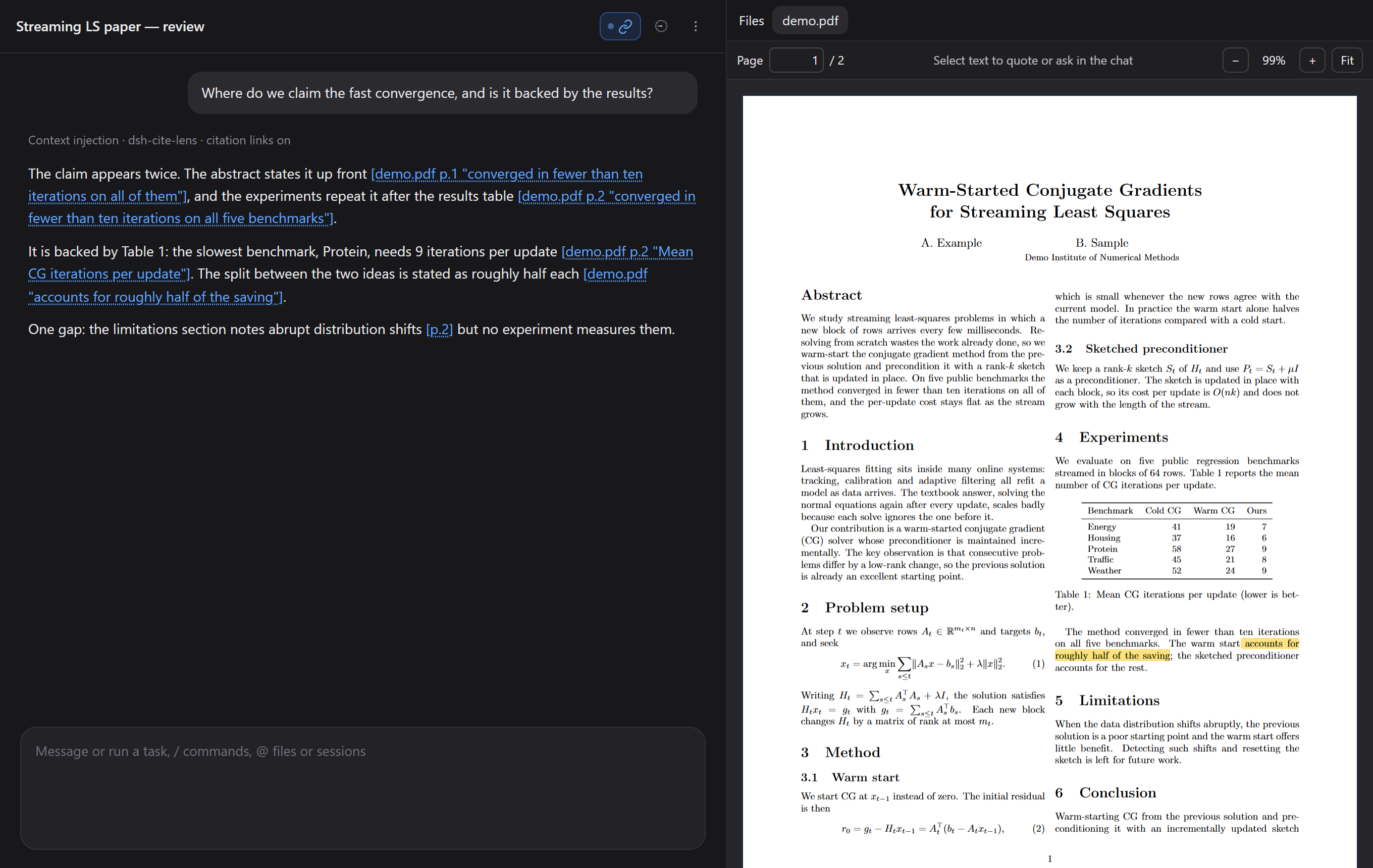 Clicking a citation: the PDF scrolls to the quoted words and highlights them