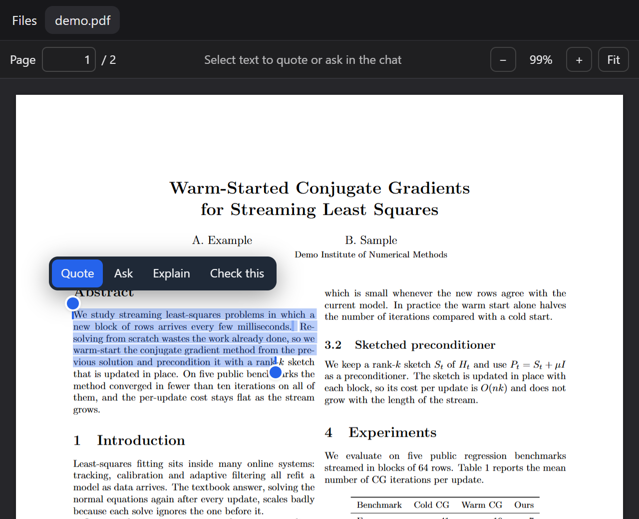 Selecting text: drag handles at both ends and the Quote / Ask / Explain / Check this toolbar
