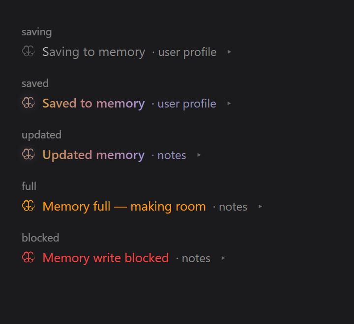 All five states of the note: saving, saved, updated, full — making room, and a write blocked by the safety scan