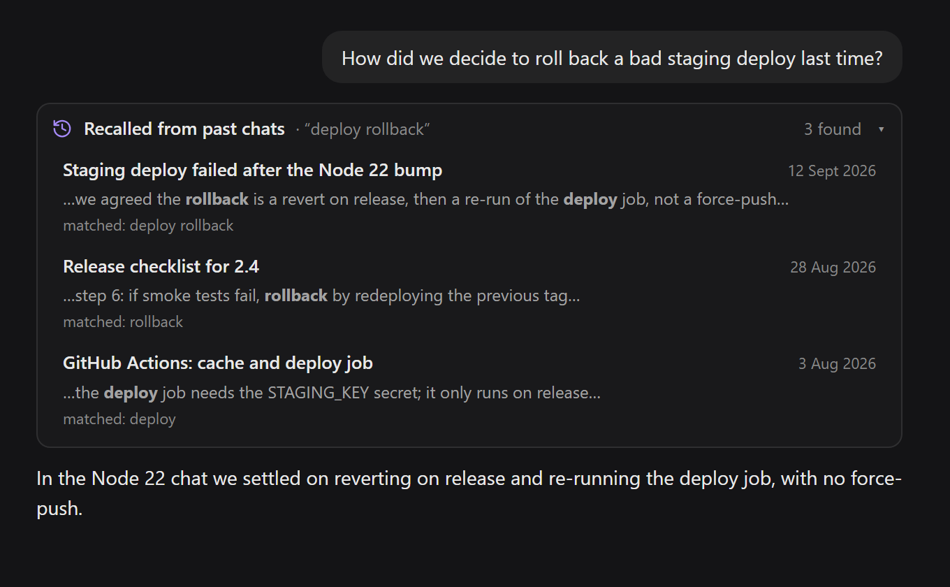 A recall card: three earlier chats found for "deploy rollback", with the matching lines