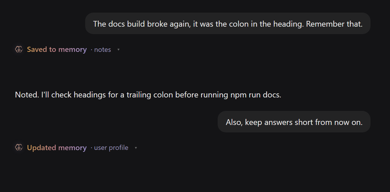 Saves in the chat: an added note and an updated profile entry, each with its budget