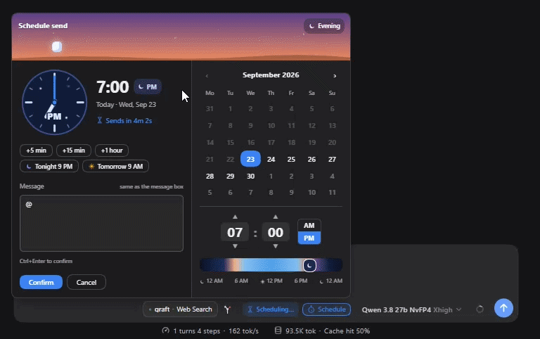 The scheduler in motion: the sky follows the chosen time and the countdown ticks