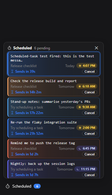 Pending messages across chats, tinted by the time they send