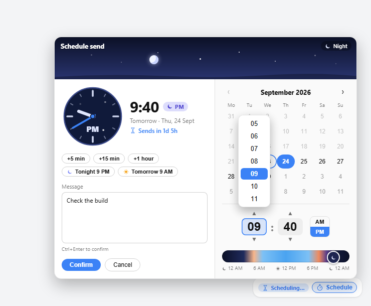 Night, with the click-to-pick hour list open