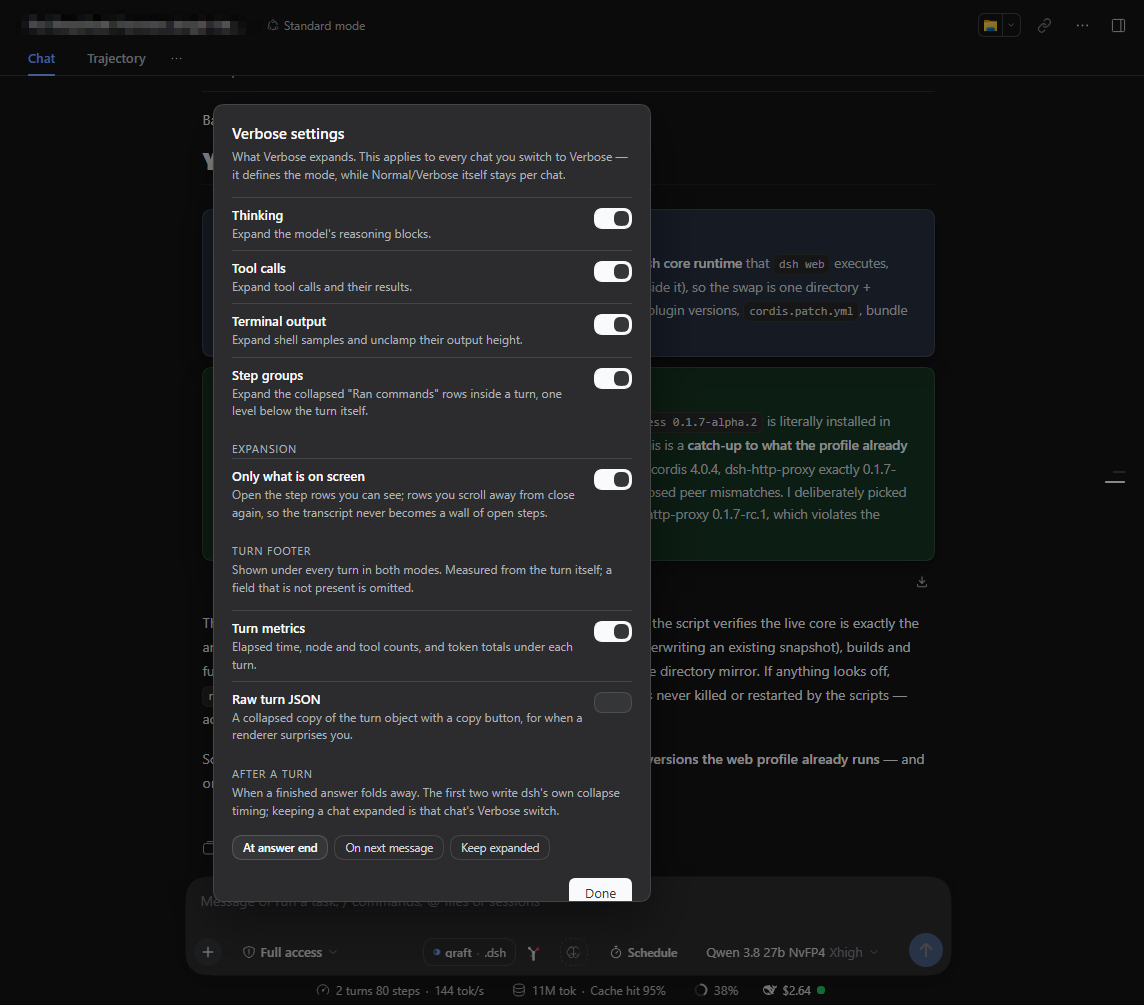 The Verbose settings dialog: the three category switches, the expansion scope, the turn footer, and the fold choice