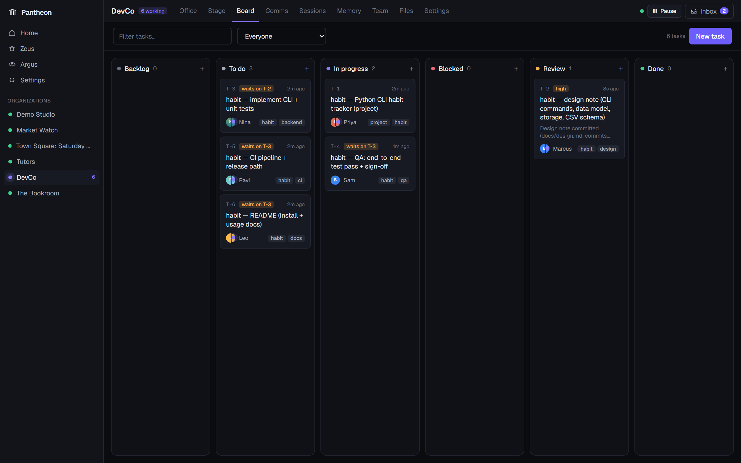 Kanban board with tasks in to do, in progress and review