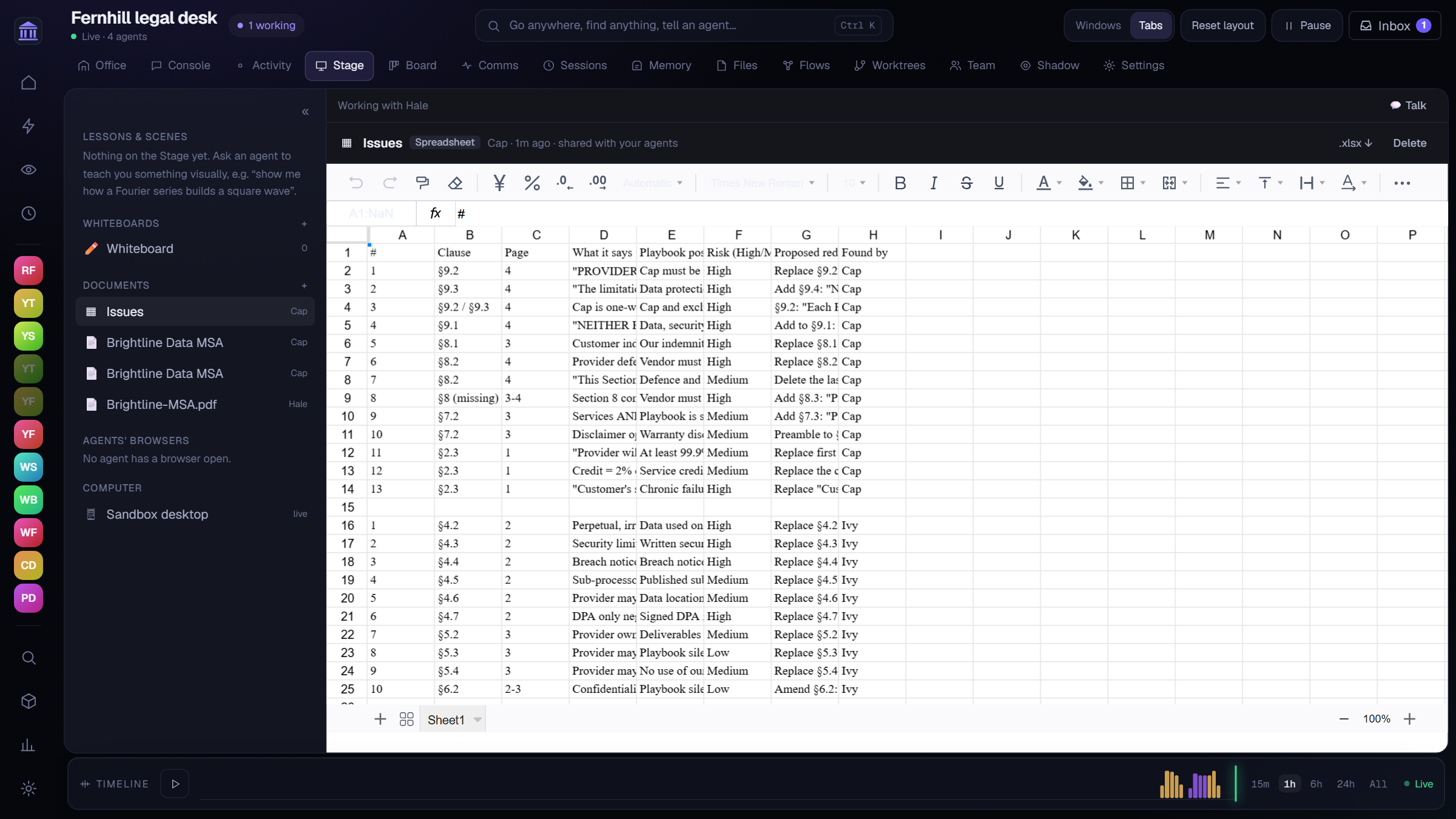 A shared Issues spreadsheet on the Stage: three specialists each filled their own block of rows with clause, page, risk and proposed redline