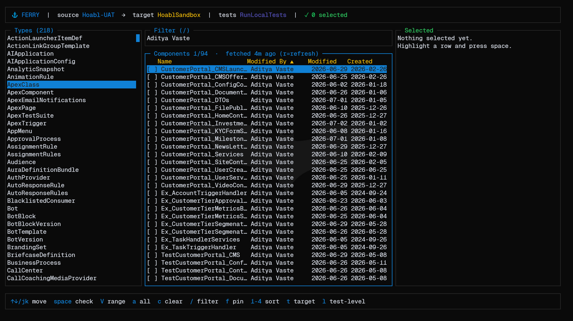ferry — browse a source org, tick components, deploy to a target