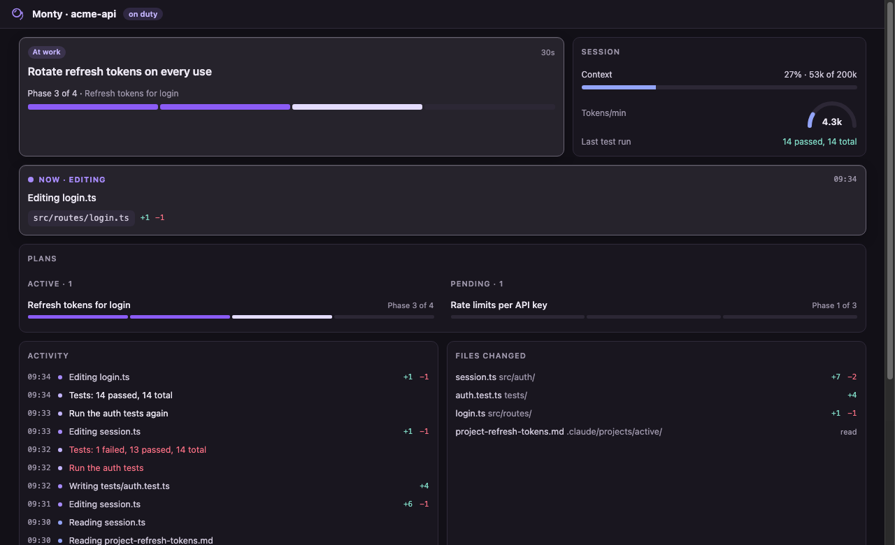 The details view: session, plan progress, what the agent is doing now, activity and files changed