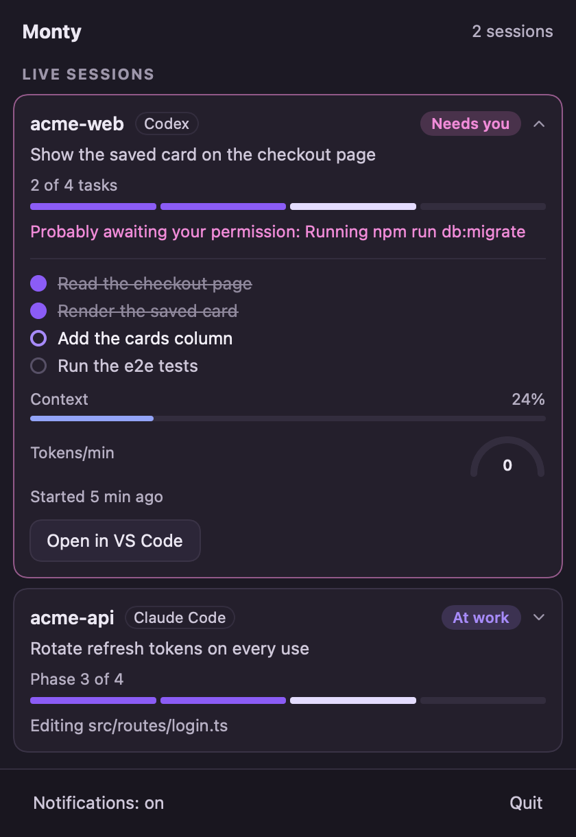 The menu bar dropdown, with a Codex session that needs you and a Claude Code session at work