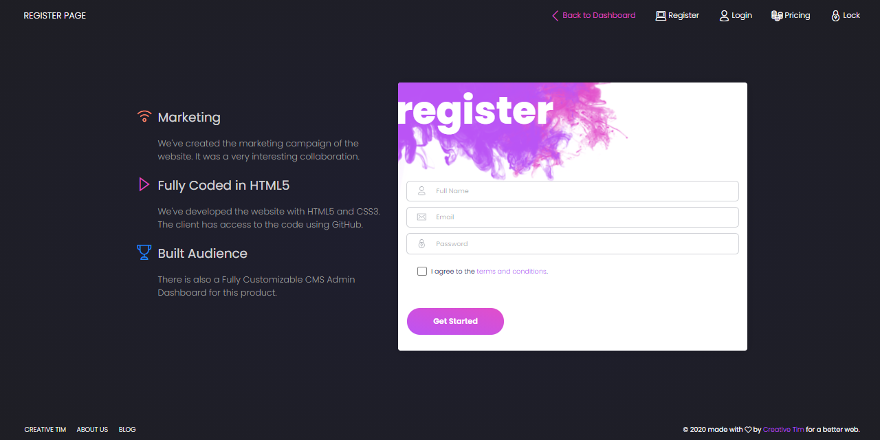 Black Dashboard PRO - Registration Page.