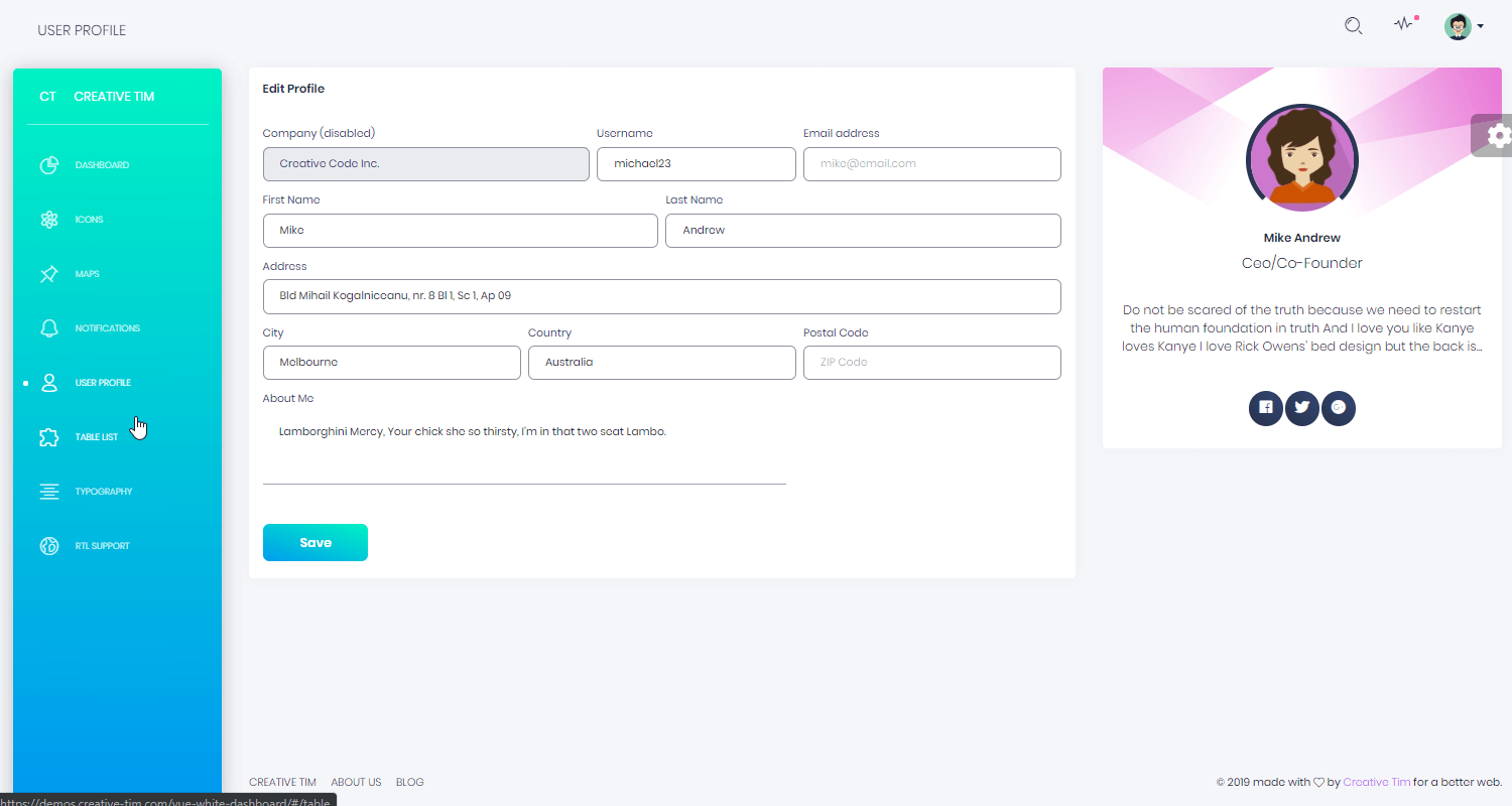 Vue Dashboard White - Free Vuejs Admin Dashboard, App screen 1.