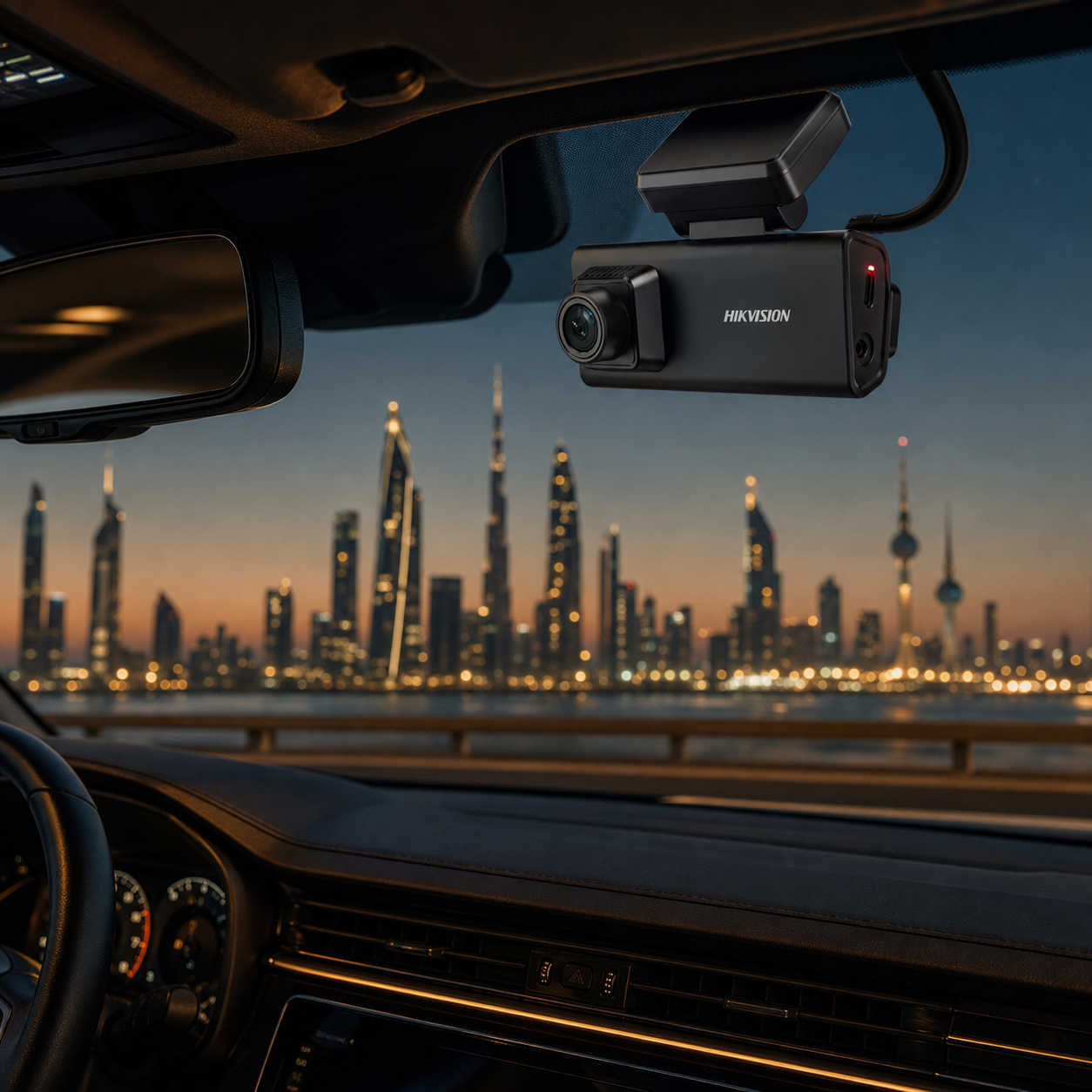 HIKVISION V300 installed in luxury car interior with Kuwait skyline view at night - Newtech
