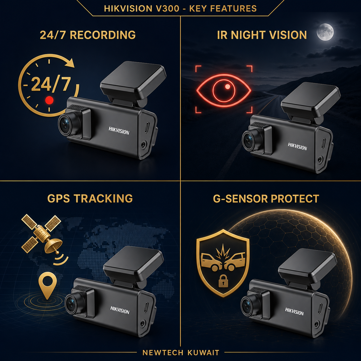 HIKVISION V300 key features - 24/7 recording, IR night vision, GPS tracking, G-Sensor protection - Newtech Kuwait