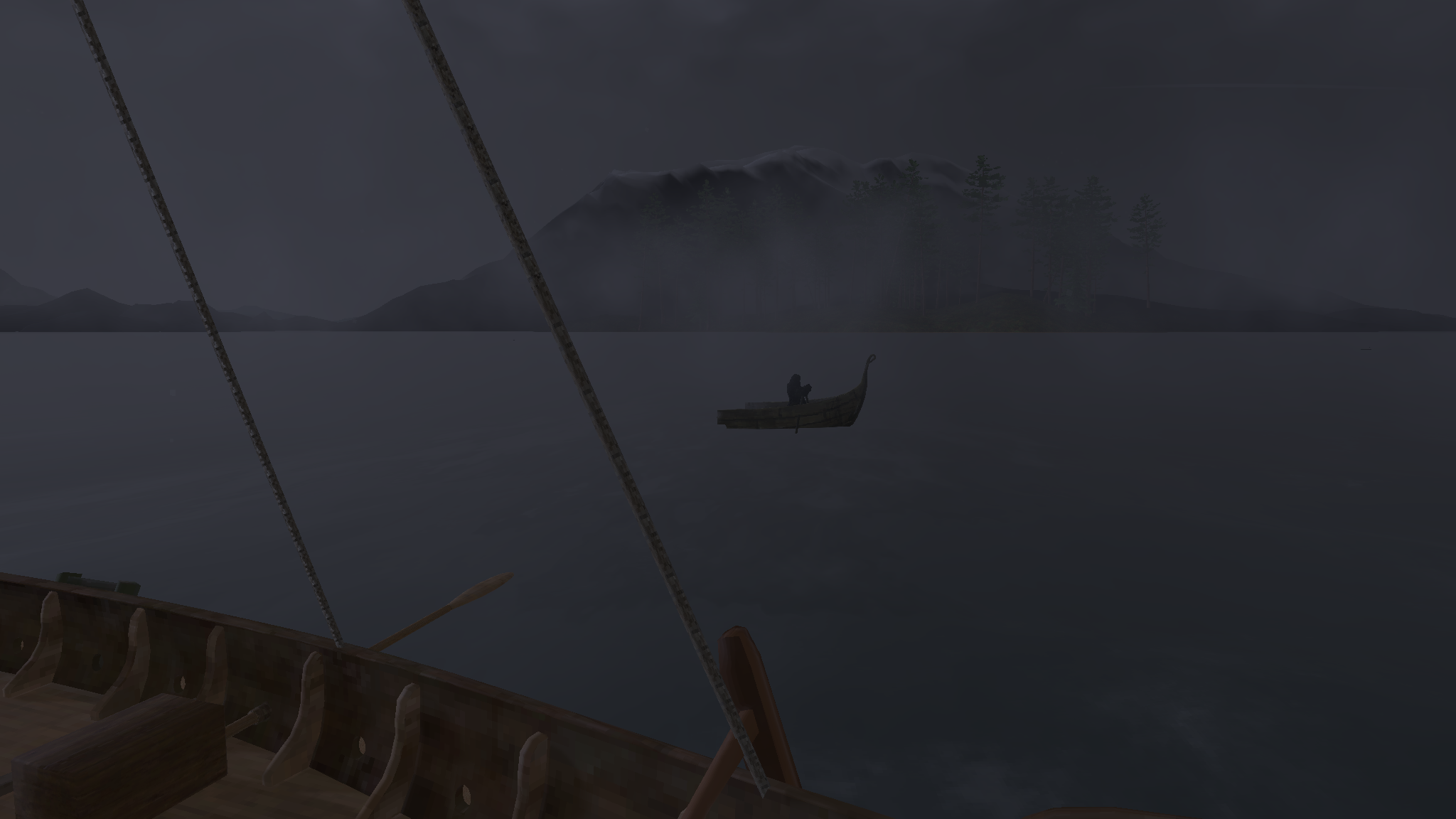 A dark rower in fog beyond the ship's rail