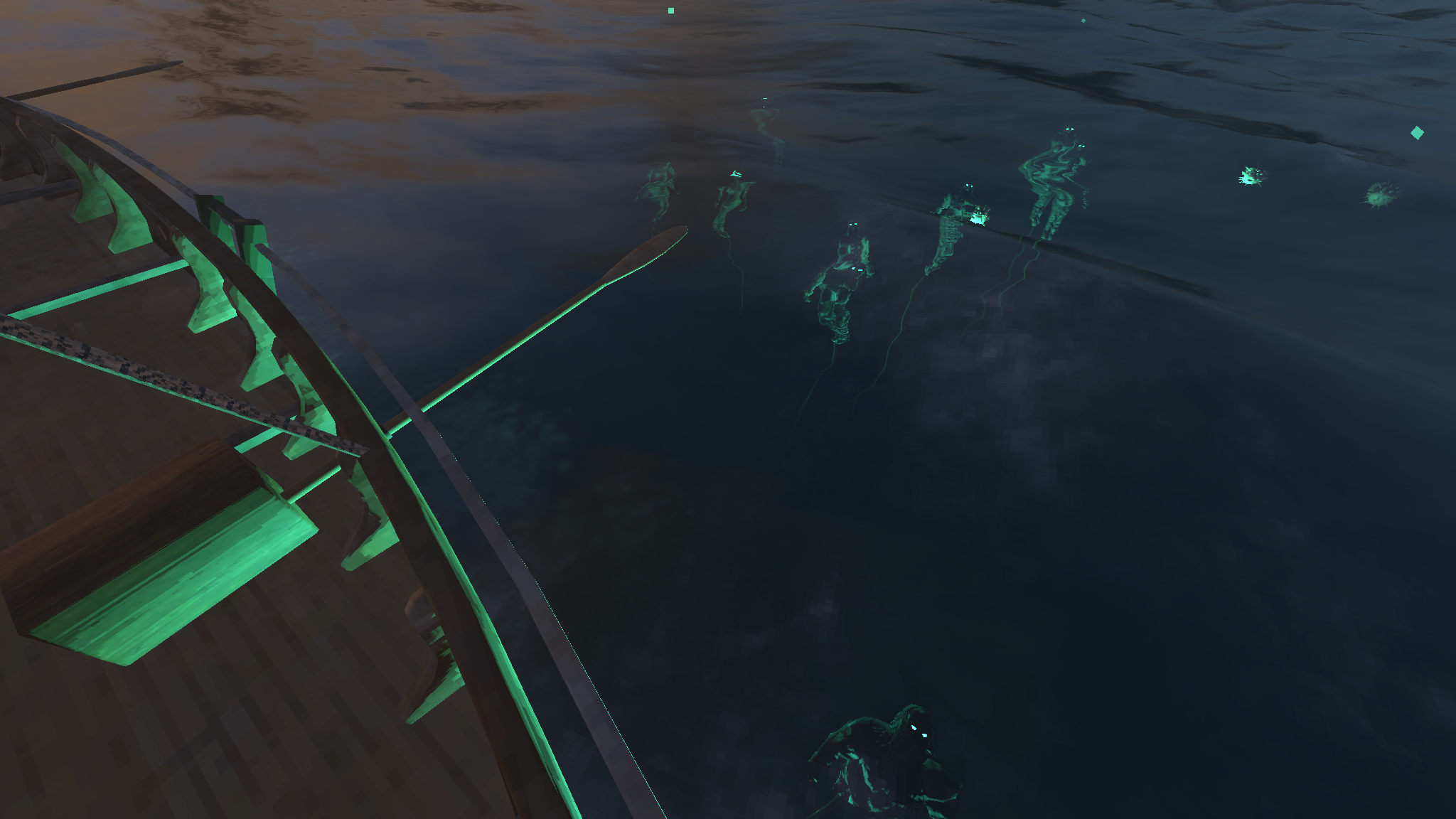 Pale figures hanging in the water over the side, lit from below