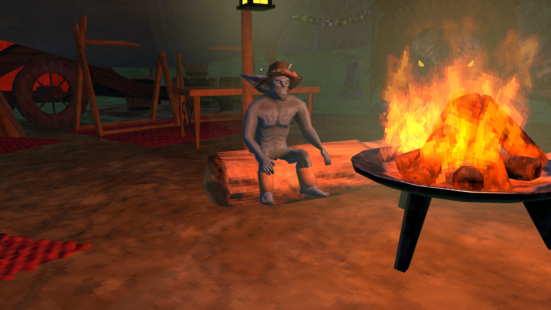 The Campfire Squatter on a log seat by Hildir's fire at night