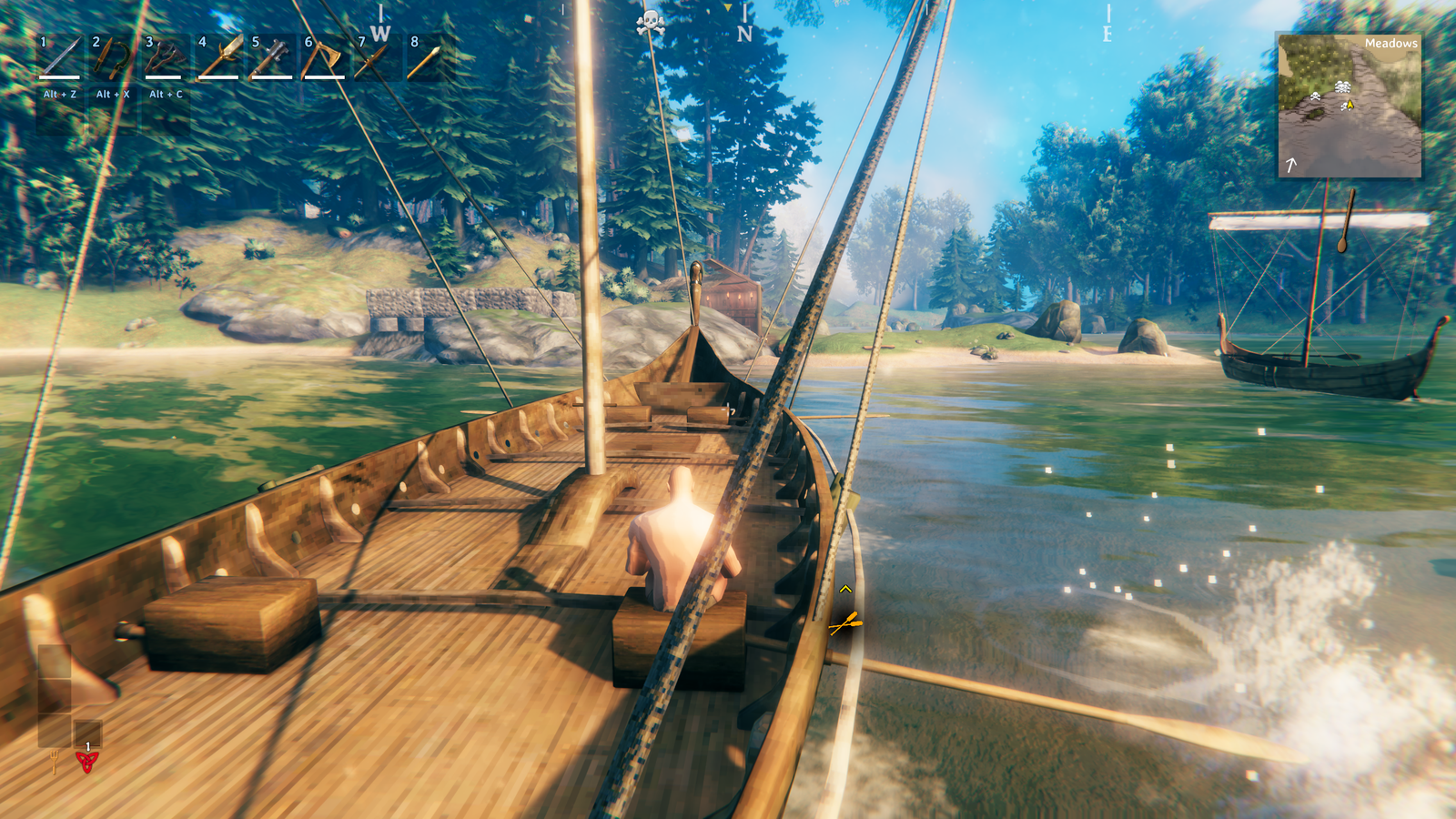 Rowing a Longship: the oar at the water, a splash, the stroke arrow and the oar icon under the map