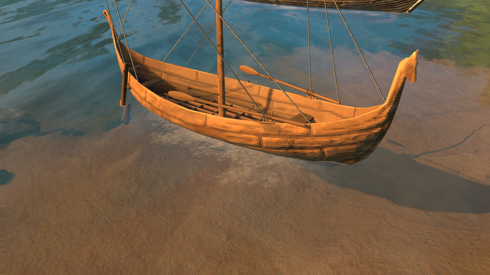 The Karve, its oars shipped along the gunwale