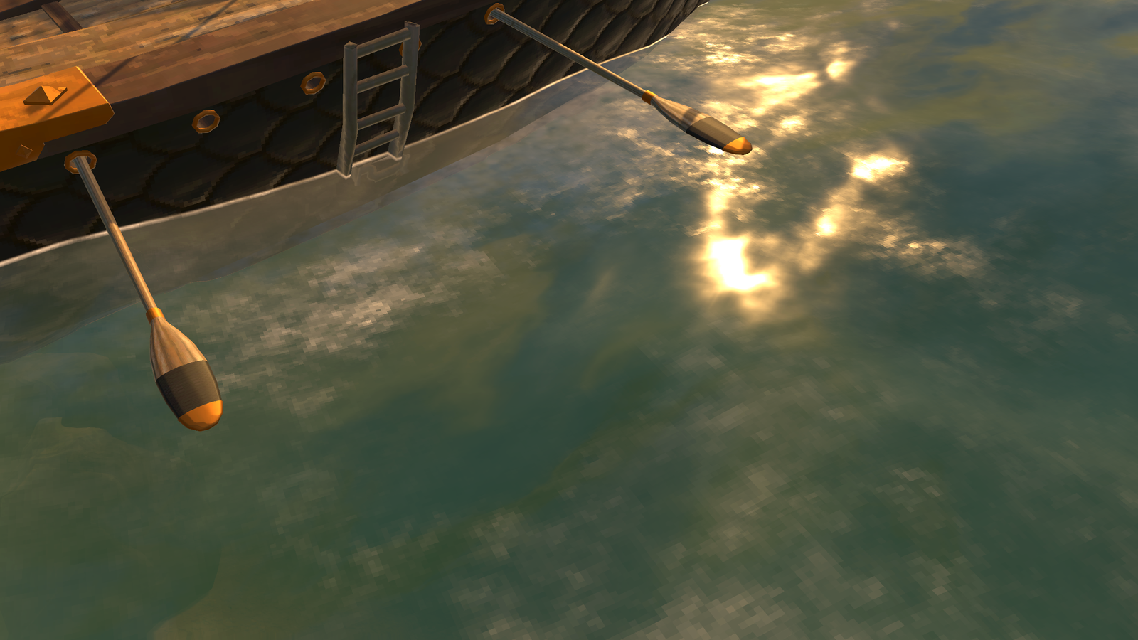 The Drakkar's oars leaving its brass-ringed ports