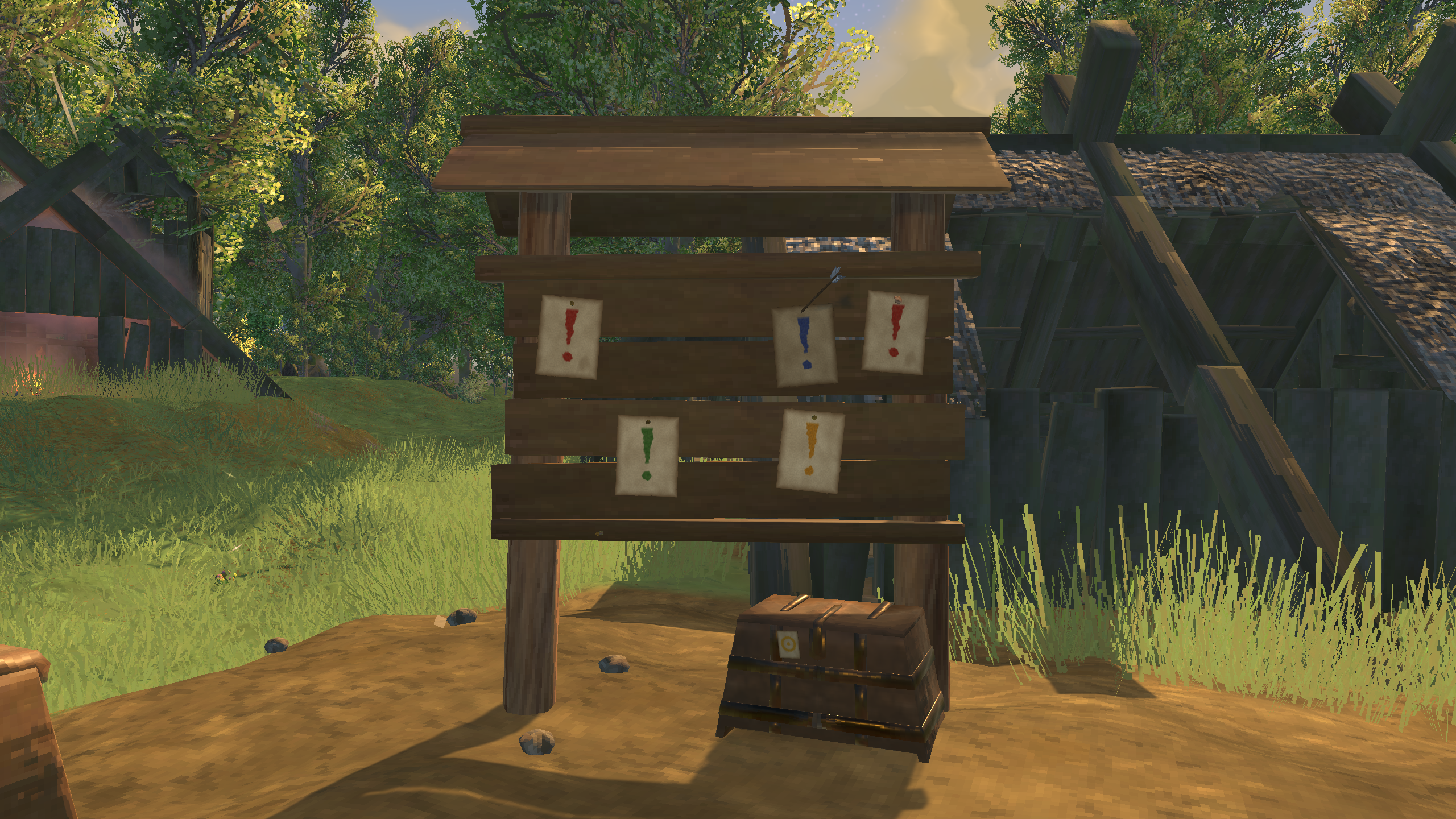 A Wanted board in a Meadows village: five notices pinned to its planks, and its iron-banded box at its foot