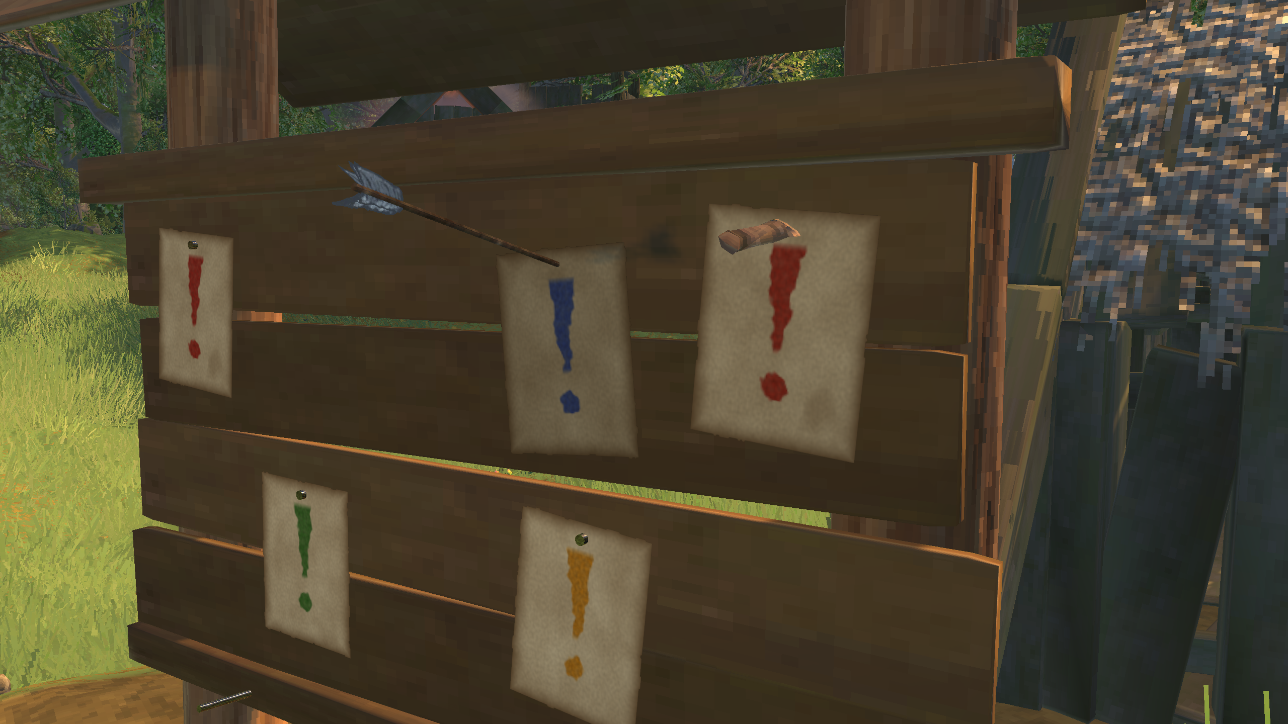 Notices pinned with an arrow shot through one and a knife driven through another