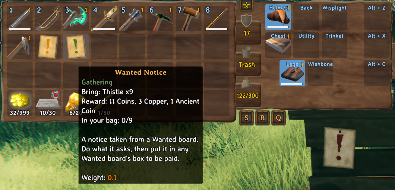 A notice in the bag: its tooltip with what it asks, what it pays, and how far along you are
